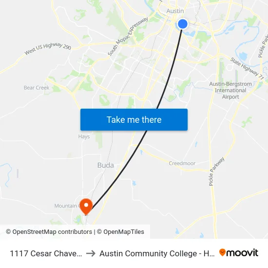 1117 Cesar Chavez/Waller to Austin Community College - Hays Campus map