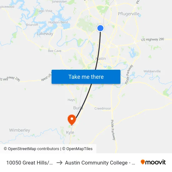 10050 Great Hills/Research to Austin Community College - Hays Campus map