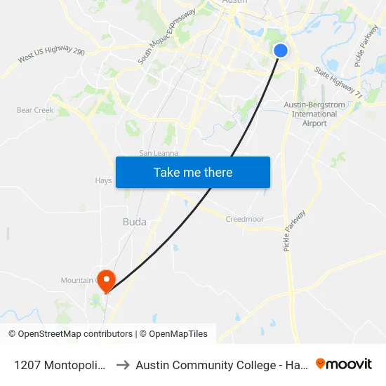 1207 Montopolis/Larch to Austin Community College - Hays Campus map