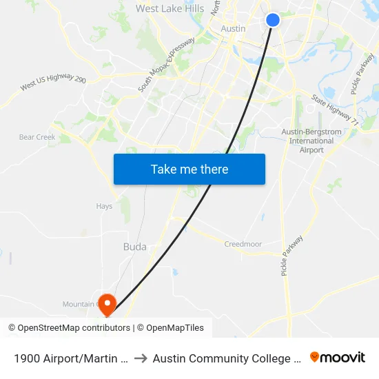 1900 Airport/Martin Luther King to Austin Community College - Hays Campus map