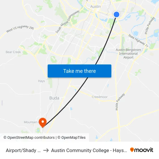 Airport/Shady Lane to Austin Community College - Hays Campus map