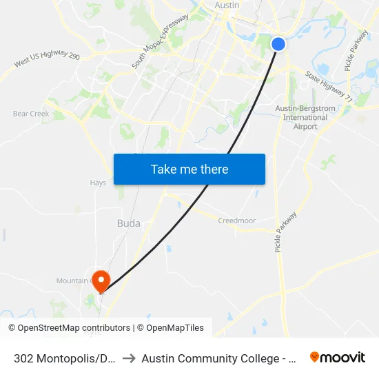 302 Montopolis/Del Monte to Austin Community College - Hays Campus map