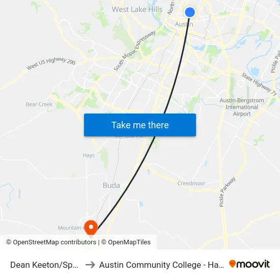Dean Keeton/Speedway to Austin Community College - Hays Campus map