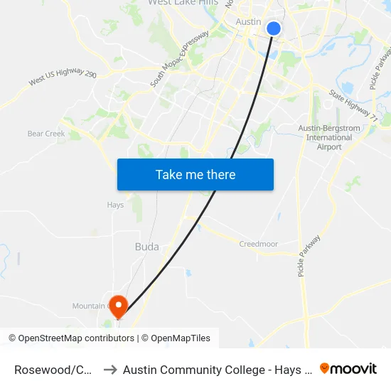 Rosewood/Chicon to Austin Community College - Hays Campus map