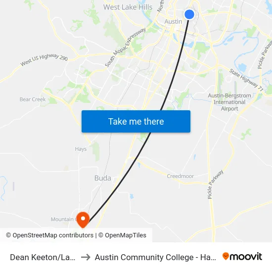 Dean Keeton/Lafayette to Austin Community College - Hays Campus map