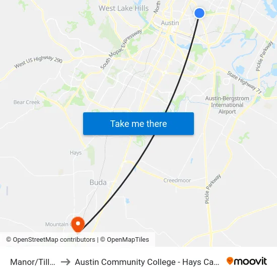 Manor/Tillery to Austin Community College - Hays Campus map