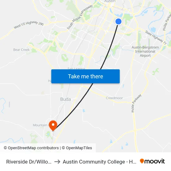 Riverside Dr/Willow Creek to Austin Community College - Hays Campus map