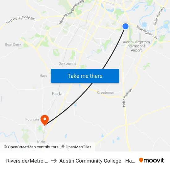 Riverside/Metro Center to Austin Community College - Hays Campus map