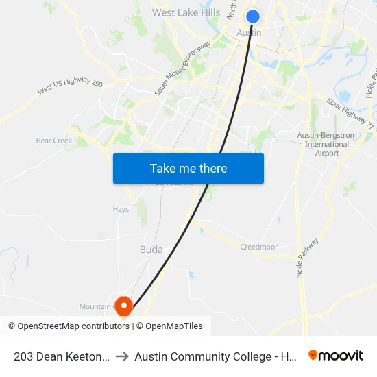 203 Dean Keeton/Whitis to Austin Community College - Hays Campus map