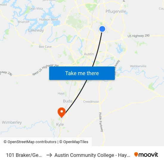 101 Braker/Georgian to Austin Community College - Hays Campus map