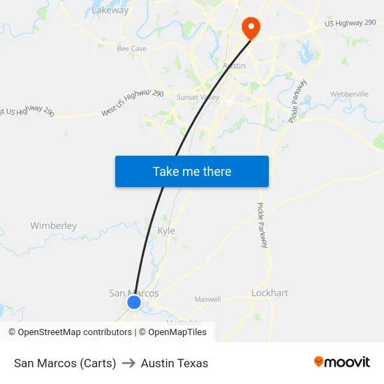 San Marcos (Carts) to Austin Texas map
