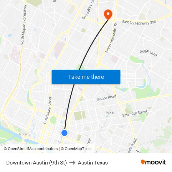 Downtown Austin (9th St) to Austin Texas map