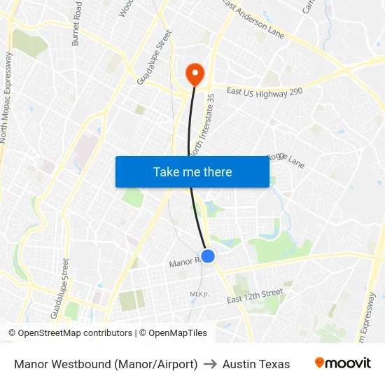 Manor Westbound (Manor/Airport) to Austin Texas map
