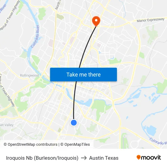 Iroquois Nb (Burleson/Iroquois) to Austin Texas map