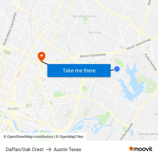 Daffan/Oak Crest to Austin Texas map