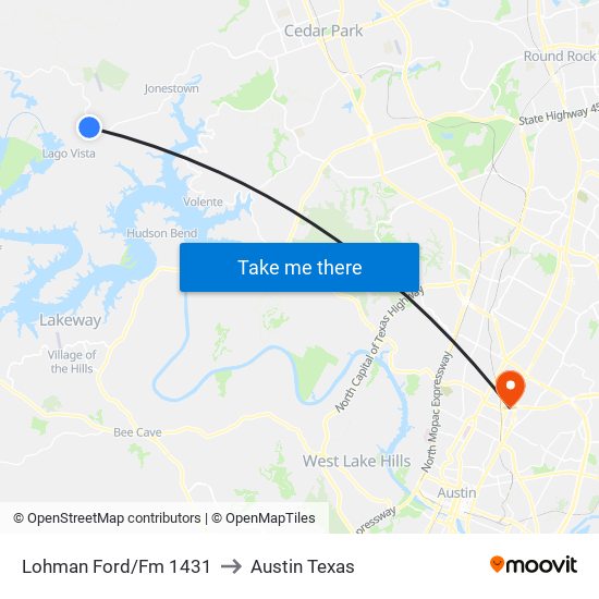 Lohman Ford/Fm 1431 to Austin Texas map