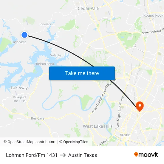 Lohman Ford/Fm 1431 to Austin Texas map