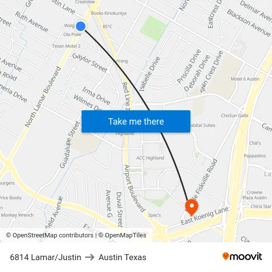 6814 Lamar/Justin to Austin Texas map