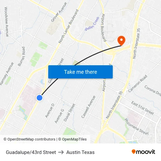 Guadalupe/43rd Street to Austin Texas map