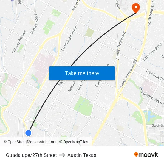 Guadalupe/27th Street to Austin Texas map