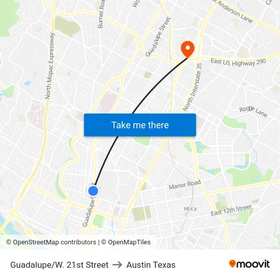 Guadalupe/W. 21st Street to Austin Texas map