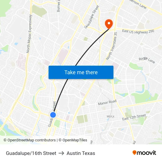 Guadalupe/16th Street to Austin Texas map