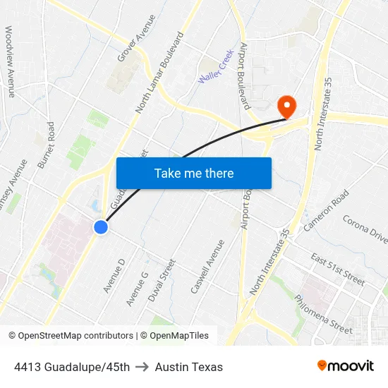 4413 Guadalupe/45th to Austin Texas map