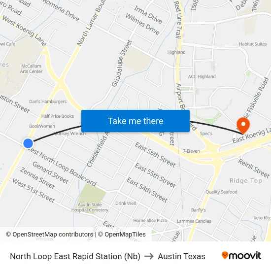 North Loop East Rapid Station (Nb) to Austin Texas map