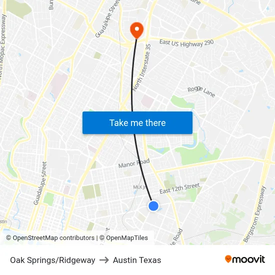 Oak Springs/Ridgeway to Austin Texas map