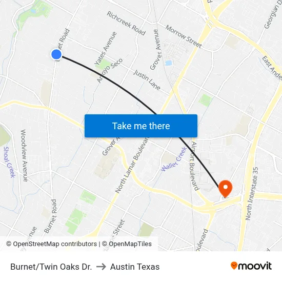 Burnet/Twin Oaks Dr. to Austin Texas map