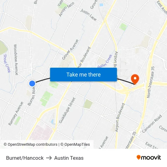 Burnet/Hancock to Austin Texas map
