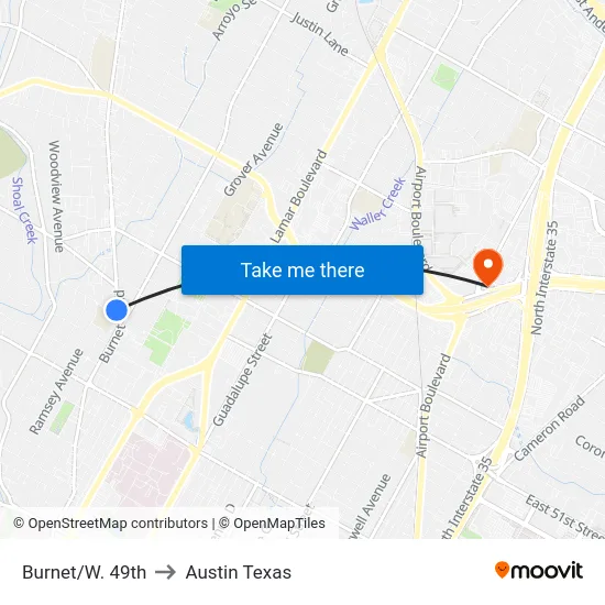 Burnet/W. 49th to Austin Texas map