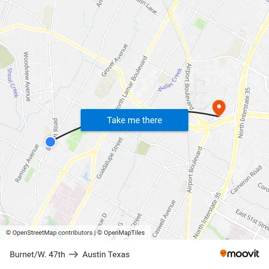 Burnet/W. 47th to Austin Texas map
