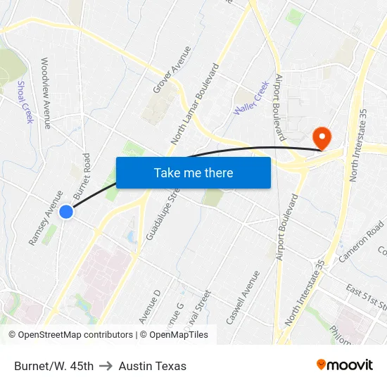 Burnet/W. 45th to Austin Texas map