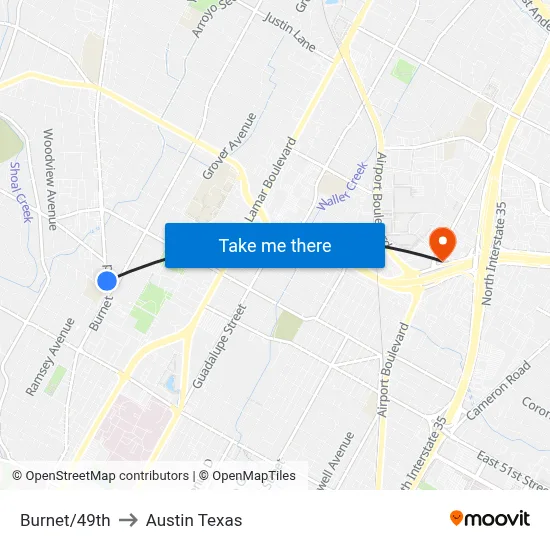 Burnet/49th to Austin Texas map