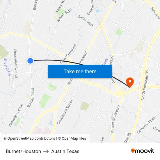 Burnet/Houston to Austin Texas map