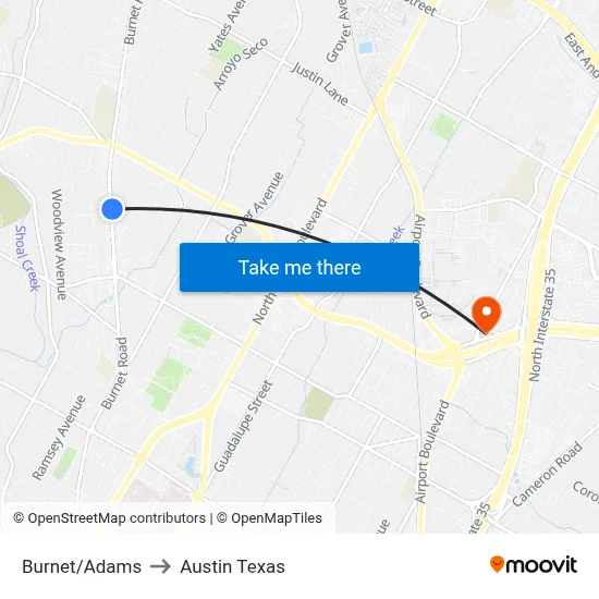 Burnet/Adams to Austin Texas map