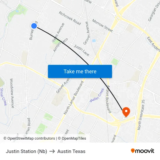 Justin Station (Nb) to Austin Texas map