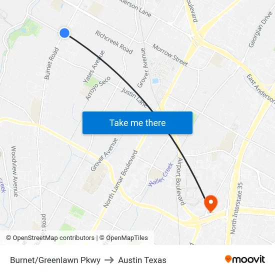 Burnet/Greenlawn Pkwy to Austin Texas map