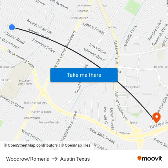 Woodrow/Romeria to Austin Texas map