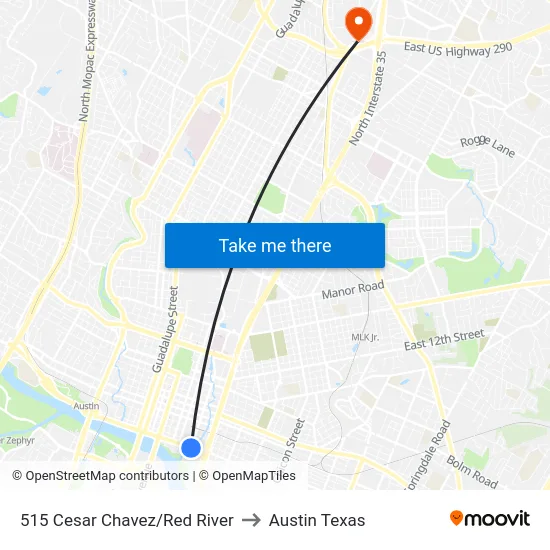 515 Cesar Chavez/Red River to Austin Texas map