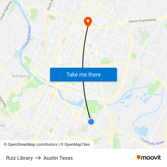 Ruiz Library to Austin Texas map