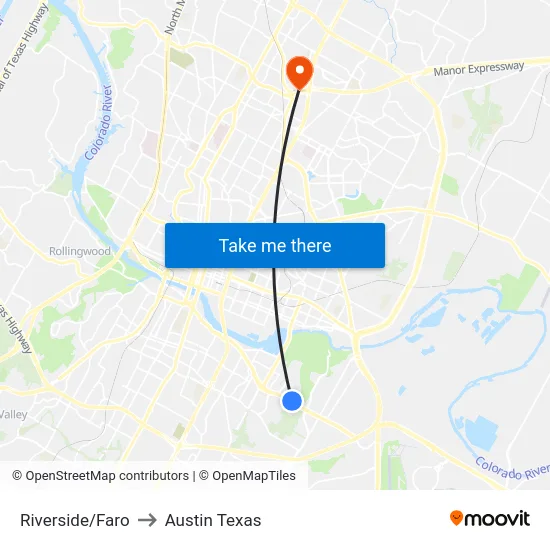 Riverside/Faro to Austin Texas map