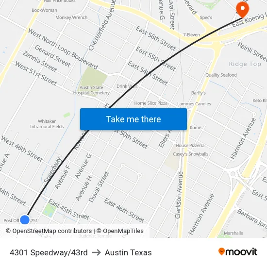 4301 Speedway/43rd to Austin Texas map