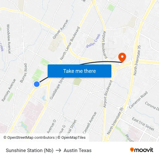 Sunshine Station (Nb) to Austin Texas map