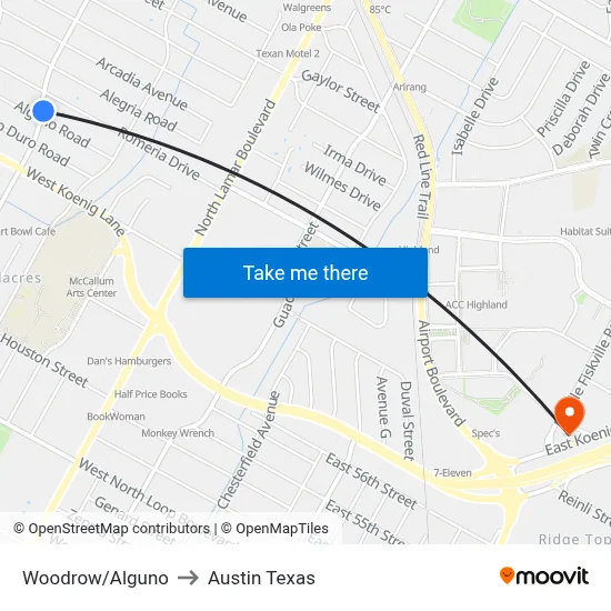 Woodrow/Alguno to Austin Texas map