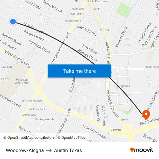 Woodrow/Alegria to Austin Texas map