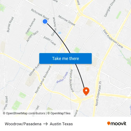 Woodrow/Pasadena to Austin Texas map