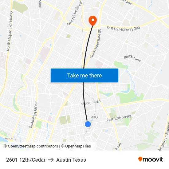 2601 12th/Cedar to Austin Texas map