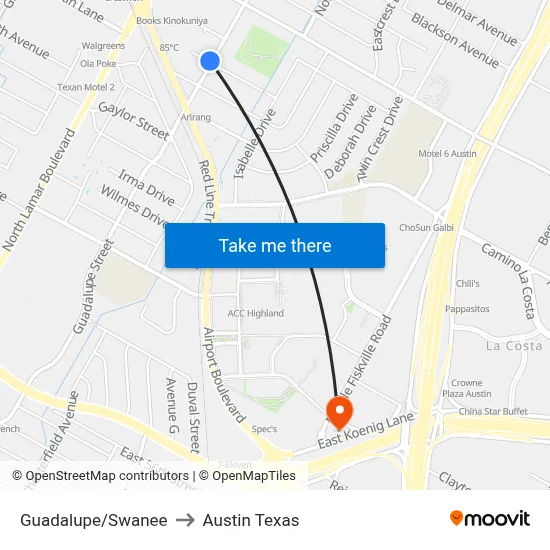 Guadalupe/Swanee to Austin Texas map